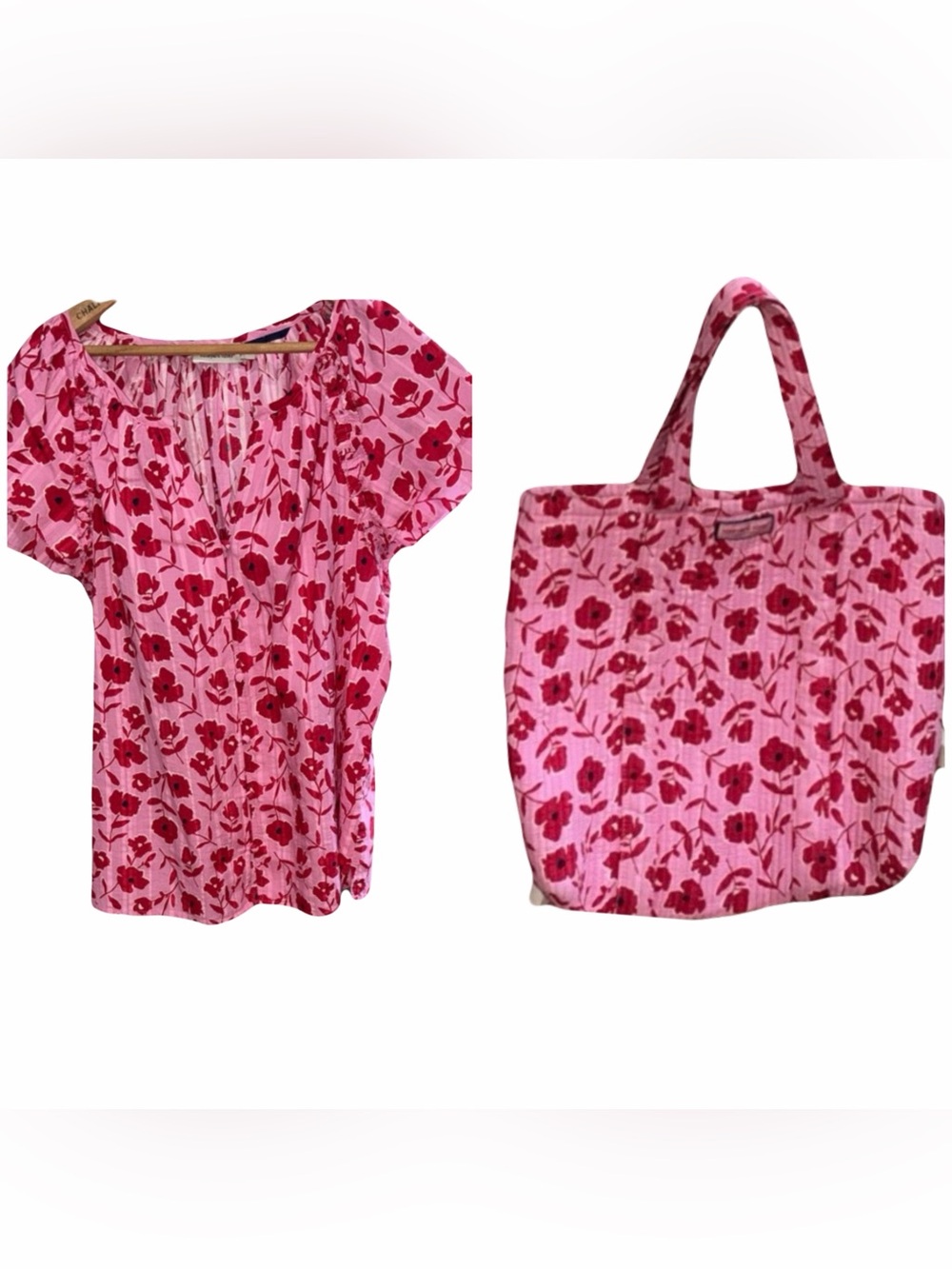 EUC Vineyard Vines LARGE Pink Red Poppies Floral TOP AND TOTE BAG!